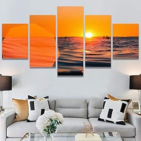 SIGNWIN 5 Panel Canvas Wall Art Coastal Orange...