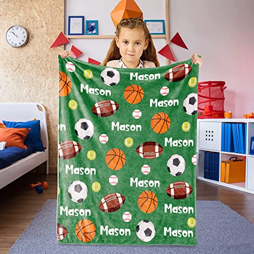 Image of Personalized Ball Blanket with Name for Boys Custom Name Blanket for Kids