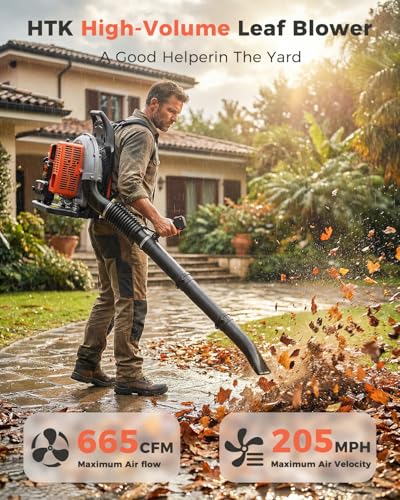 Image of HTK Backpack Blower, 63CC Gas Powered Leaf Blower with 665 CFM & 205 MPH for Commercial Lawn Care, Yard Debris & Snow Removal (Orange)
