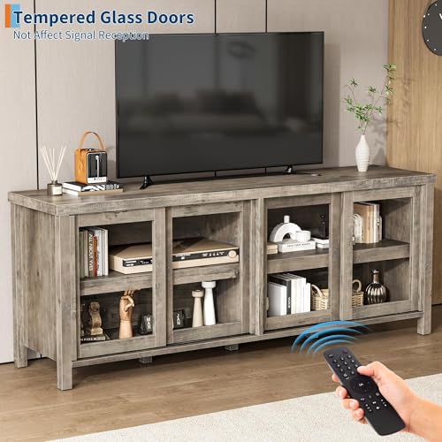 Image of 65 Inch TV Stand for Televisions Up to 70 Inches, Modern Entertainment Center with Storage, 4 Sliding Glass Doors, Mid-Century Style Media Console for Living Room,Gray