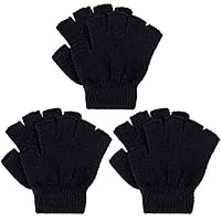 Cooraby 3 Pairs Unisex Kids Fingerless Winter Gloves Stretchy Knitted Half Finger Mittens Typing Gloves (Black, 6-11 Years)