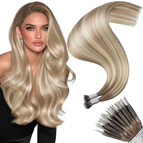 Image of Moresoo Nano Extensions Human Hair, Brown Dirty Blonde Ombre, 22 Inch | 50g 50 strands, extended straight length, lightweight nano placement for evening looks and buildable fullness