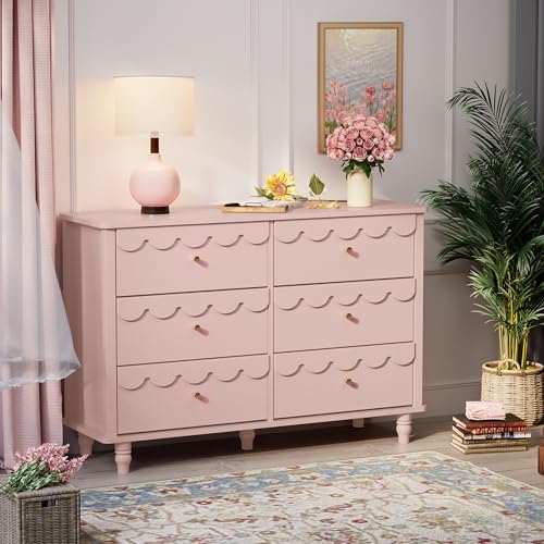 Anbuy Pink Scalloped Nursery Chests and Nursery Chests and Dresser for Kids Bedroom Wood 6 Drawer...