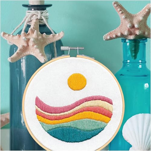 Image of Dimensions 72-70391 Sunset Waves Embroidery Needlepoint Kit for Beginners, 6 inch Diameter Hoop, Multicolor, 5 Pieces
