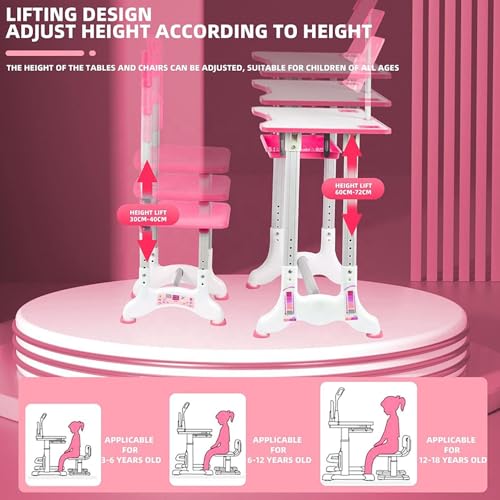Image of Toby Adjustable Kids Study Table & Chair Set with Book Holder, Wide Desktop & Storage Drawer | Height Adjustable Children Study Desk for Home & School (Pink)
