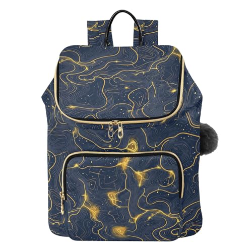 KLL Marble Pattern Navy Blue Gold Backpack for Women Cute Waterproof Travel Shoulder Bag for Shopping Sports Travel