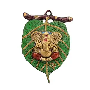 eCraftIndia Golden Metal Lord Ganesha in Red Dhoti on Green Leaf Wall Hanging Decorative showpiece for Home Decor, Wall Decor, Pooja Room Temple & Housewarming, Festival Gift