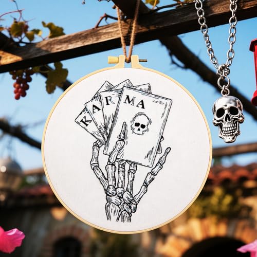 Image of Gothic Tarot Embroidery Kits for Beginners Adults, Halloween Hand Bone Embroidery Starter Kits, Skull Cross Stitch Kits for Beginner Adults Hobbies for Women, Embroidery Fabric, Hoops & Video Tutorial