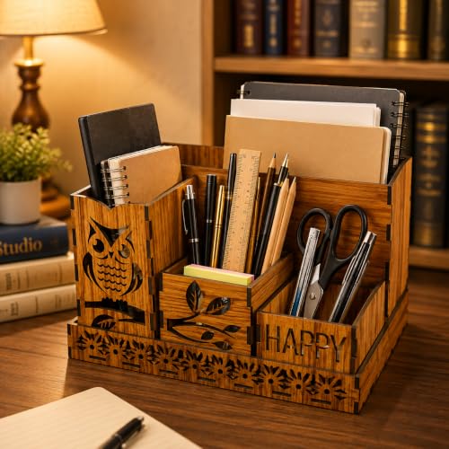 Image of Zesta Wooden Desk Organizer Pen Stand Remote Holder Card Slot | Table Accessory Office Desk Study Room | Pencil Storage Stand Stylish Workspace Decor (Nainteek, Owl Organiser)
