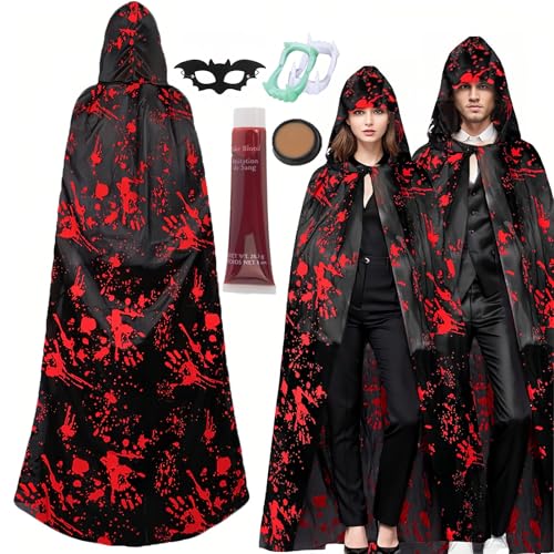 Disfraz Halloween Mujer Hombre Capa con Capucha Disfraz Vampiro Huellas de Manos Ensangradas Máscara, Sangre Falsa, Cera Para Cicatrices, Dientes de Vampiro para Halloween (L)