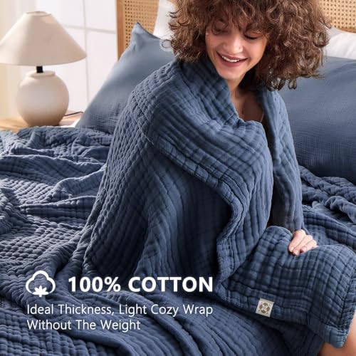 Image of EMME 9 Layer Muslin Cotton Blanket Adults Coverlet,King,Navy