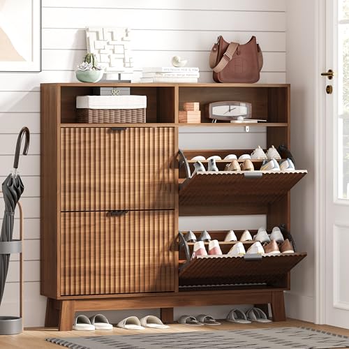 Image of Shoe Cabinet Storage for Entryway with 4 Flip Drawers, Fluted Narrow Shoe Organizer with Wooden Legs & Top Cubby, Freestanding Slim Shoe Storage Hidden Shoe Rack for Front Door Entrance, Walnut