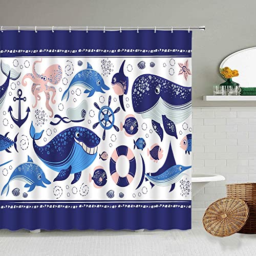 Cortina de Ducha de Dibujos Animados Animal Marino Ballena delfín Coral Ancla náutica impresión Cortina de baño decoración con Gancho S.1 150x200cm Cover