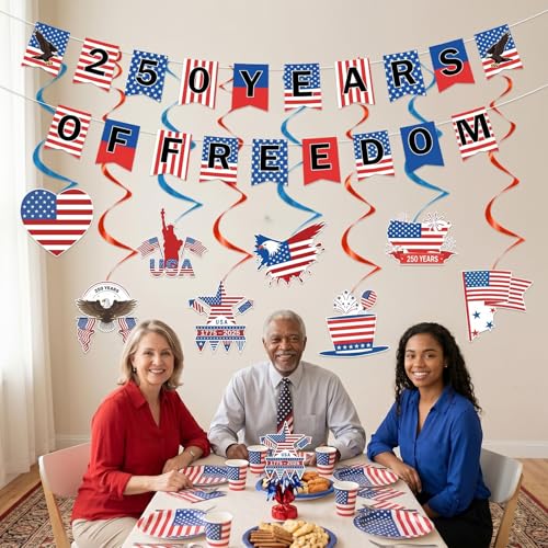 Image of Gameza 250 Anniversary party Decorations - 10 pcs 250 Years of Freedom Banner Hanging Swirls Decorations, Red White and Blue Fourth of July USA Party Decor Supplies