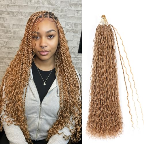 Boho lsland Twist Crochet Hair 24 Inch 8 Packs Honey Blonde Pre-Looped Senegalese Twist Crochet Braids with Curly Ends Synthetic Goddess Twist Crochet Hair for Black Women（27# 24 INCH）