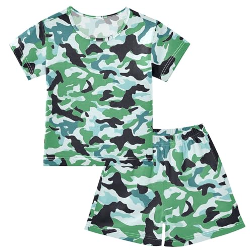 Green Black Camouflage Pajama Set, Short Sleeve Cotton Sleepwear Nightwear