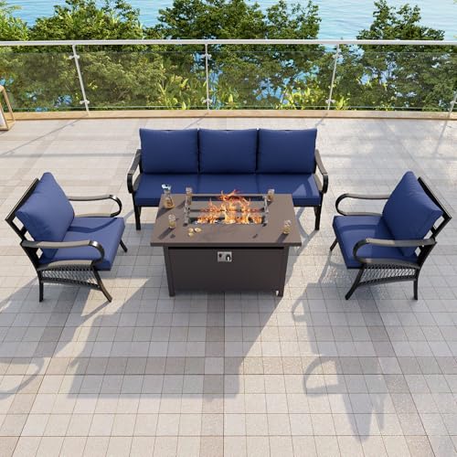 Image of 4-Piece Outdoor Furniture Set, Patio Conversation Set Include 3-Seater Sofa Couch Single Chairs with Fire Pit Table for Deck, Porch, Garden, Backyard, Poolside (Blue Cushions)