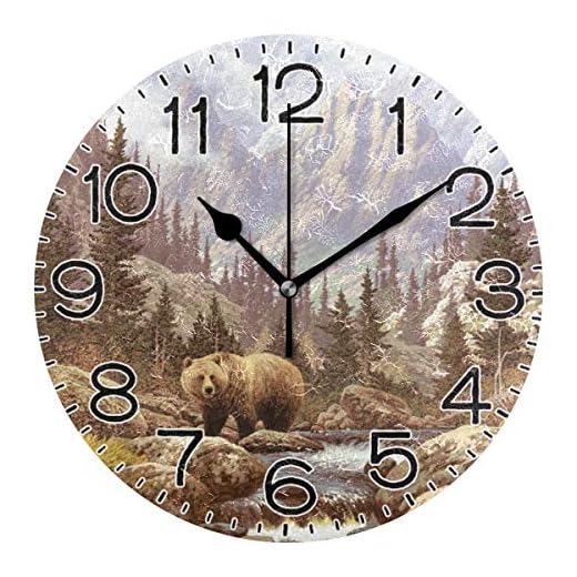 Grizzly Bear Wall Clock Battery Operated Non Ticking Silent Quartz Analog Rustic Farmhouse Round Clock Retro Decor for Home Kitchen Living Room Bathroom