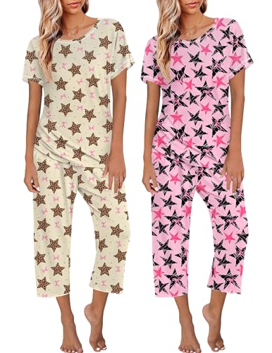 Image of Ekouaer 2 Pack Womens Pajamas Sets Short Sleeve Tops and Capri Pants Pjs Colorful Printed Sleepwear Sets