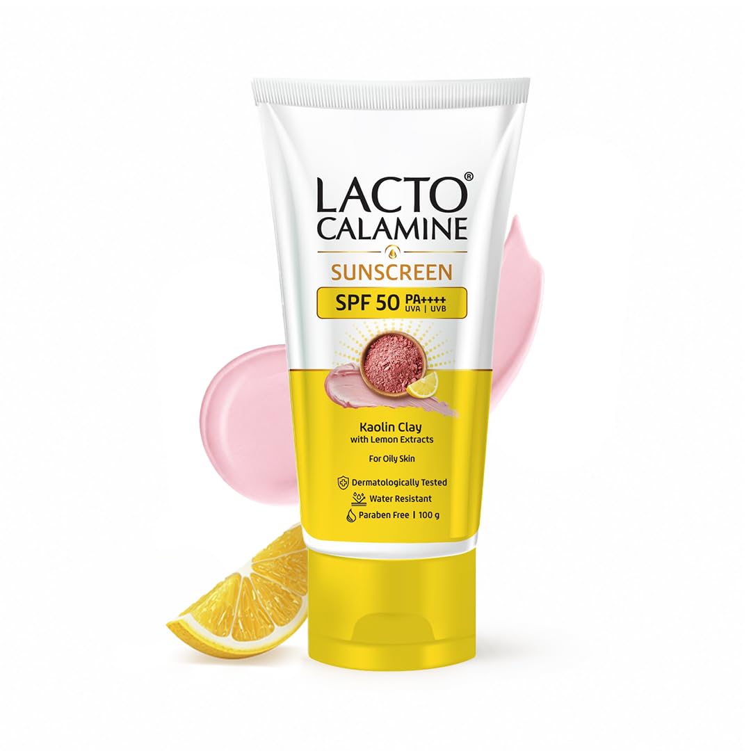 Lacto Calamine Light Weight Sunscreen SPF50 | PA++++ | No White Cast | Broad Spectrum Protect |Non-Sticky | For all skin types, Water Resistant, With Kaolin Clay & Lemon Extract, For Face & Body | 100g