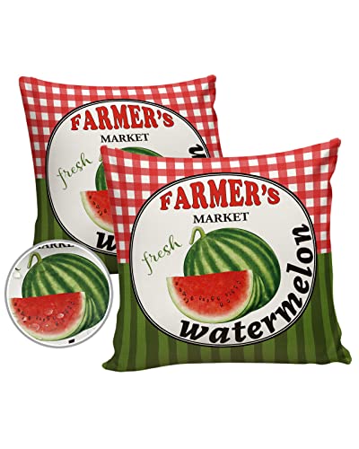 Outdoor Pillow Covers 16 x 16 Inches, Summer Farmhouse Watermelon Waterproof Pillow Protector Set of 2, Red Buffalo Plaid Green Stripes Decorative Square Cushion Covers for Patio/Tent/Couch/Garden