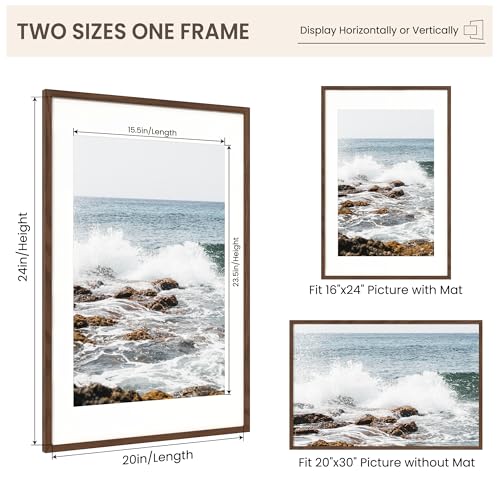 Image of FLYJOE 20x30 Oak Wood Picture Frame with Mat for 16x24, 20 by 30 USA-Sourced Natural Solid Wooden Poster Frame for Wall Display, Tempered Real Glass, Hanging Hardware Included, Walnut Color