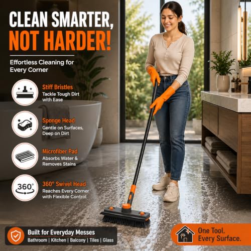 Image of 4 in 1 Long Handle Bathroom Floor Cleaning Brush with Wiper 360 Rotating Brush with 3 Interchangeable Heads - Hard Bristle Brush, Scouring Pad & Microfiber Mop for Bathroom, Kitchen, Tiles & Walls