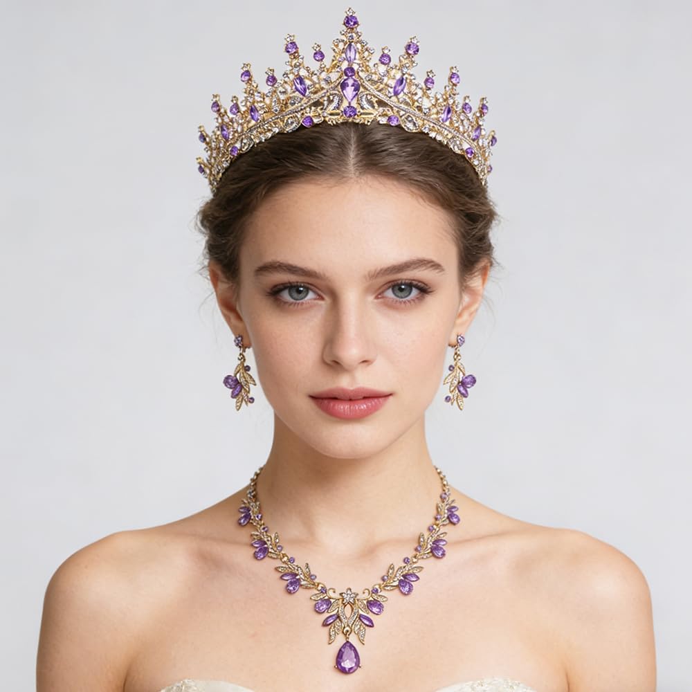 Women Tiaras and Crowns Bridal Jewelry Set with Rhinestones, Gold Plated Floral Necklace Tiara and Earrings, Wedding Birthday Party Accessories