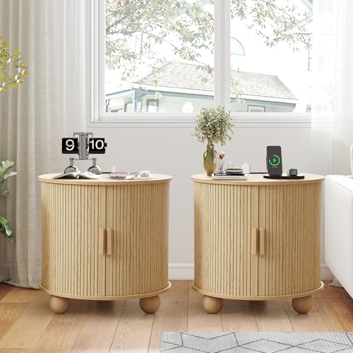Image of 24 inch Fluted Round Nightstand Set of 2, Mid-Century Large Wooden End Table with Charging Station, Farmhouse Storage Side Table with Sliding Door for Bedroom Living Room (2XRound, Natural)