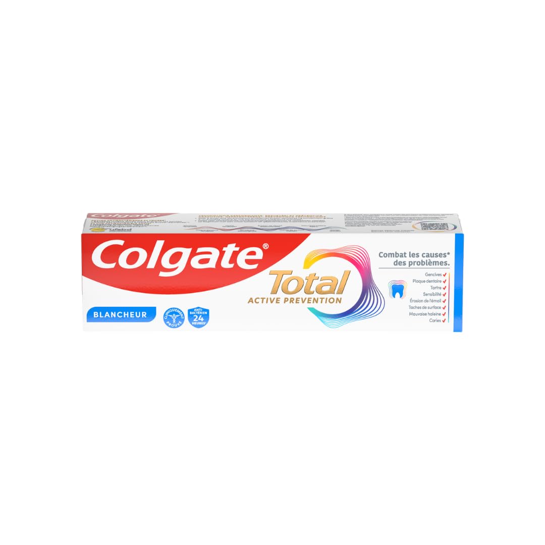 Colgate - Total Prévention Dentifrice 24h Active Blancheur Naturelle - Réduit les taches de surface - 12x75ml