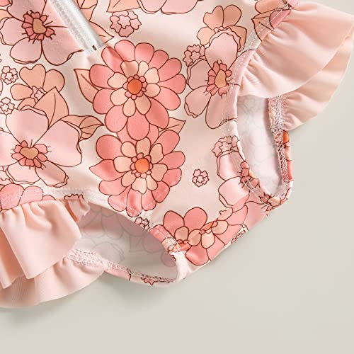 Infant Toddler Baby Girl One-Piece Swimsuit Floral/Flamingo Print Zipper Long Sleeve Ruffled Swimwear Bathing Suit (Hat-Flower 01, 6-9 Months) #TOP3