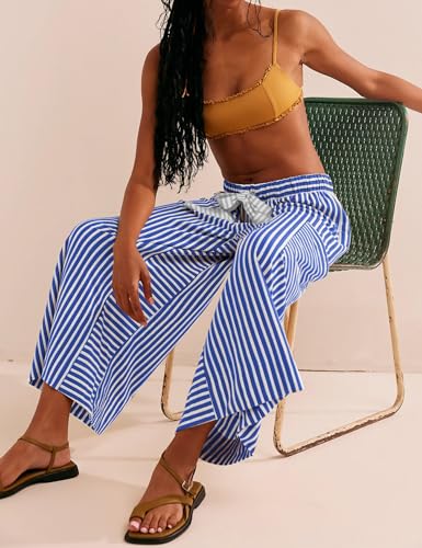 Women's Wide Leg Lounge Pants Striped Mid Waisted Drawstring Beach Pants Capri Pants Trousers with Pockets4