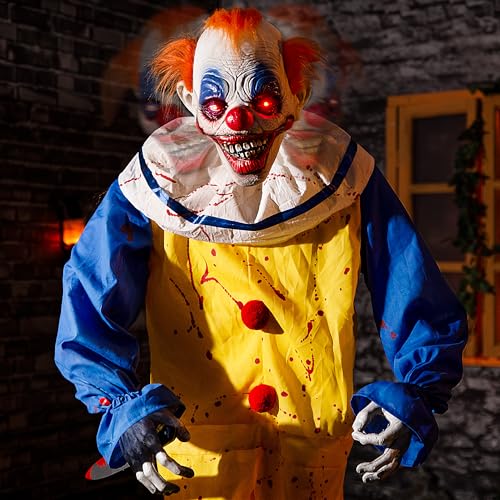 Halloween Animatronic 6ft Killer Clown Decorations 72inch Animated Clown with Motion Activation Creepy Sound Scary Move Light Up Eyes Haunted House Spooky Horror Prop for Indoor Outdoor Yard