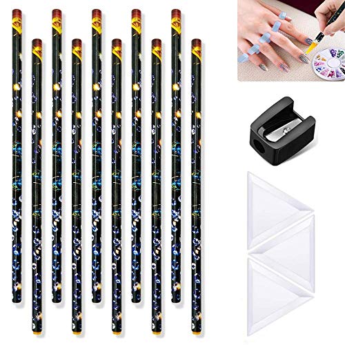 Self Adhesive Resin Rhinestones Picker Pencil Nail Art Gem Crystal Pick up Tool Wax Pen Long 10Pcs with 3 pcs Plastic White Bead Sorting Tray Triangular Plate and 1 Pencil Sharpener
