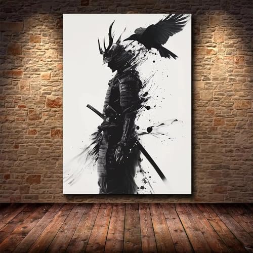 Toile samouraï et corbeau noir et blanc pour salon moderne - Décoration murale zen 60x90