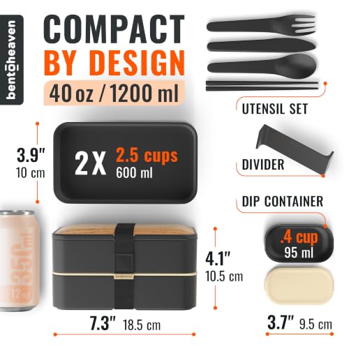 Image of Original Bento Heaven Bento Box +Free Fun Lunch Notes, Cutlery, Chopsticks,4 Color Options Premium Leakproof Lunch Box For Adults & Kids (Bamboo Black)