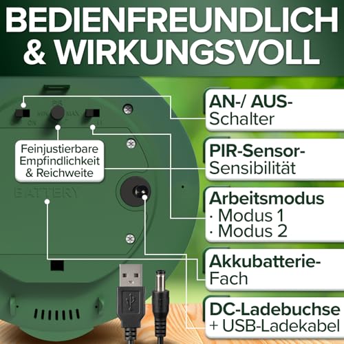 GRUNDIG perfekte Ultraschall Abwehr gegen Katzen Hunde im Garten 360 Grad Katzenschreck Hundeschreck Bewegungsmelder mit 8 Blitzlichtern, 2 Frequenzbändern, Solar, Akku, IP44 wasserdicht (Dunkelgrün)