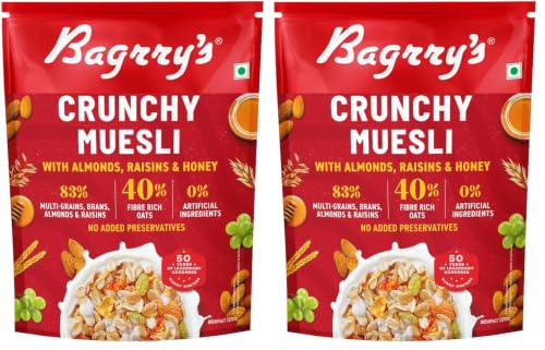 Image of Bagrry's Crunchy Muesli - 425g | 83% Multigrain, Brans, Almonds, Raisins & Honey | 40% Fibre Rich Oats | High Fibre and Protein Breakfast Cereal | No Added Preservatives | Non-GMO Oats | 100% Natural | Trans Fat & Cholesterol Free