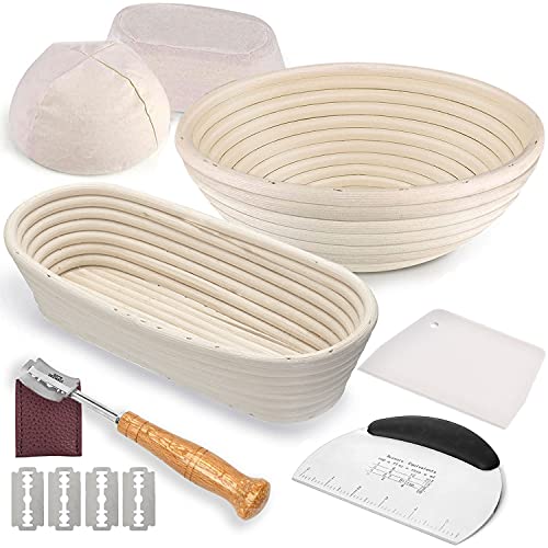 Bread Art Bread Proofing Basket set - A complete banneton basket kit of 9 Inch Round and 10 Inich Oval Banneton Proofing Baskets with Cloth Liners, Metal and Plastic Dough Scrapers and Bread Lame