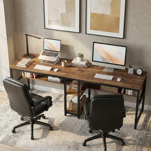 Lailang 200cm Escritorio Doble, Mesa Ordenador Portatil, Bancada de Trabajo Oficina, Escritorio Madera, Mesa de Oficina Despacho, Mesa Escritorio Industrial, 200 x 60 x 75 cm, Vintage Marrón/Negro