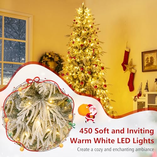 Image of Goplus 8 FT Pre-Lit Snow Flocked Christmas Tree, Artificial Hinged Xmas Tree with 1108 PE & PVC Mixed Branch Tips, 450 Warm White LED Lights, Foldable Metal Base, Home Office Decoration