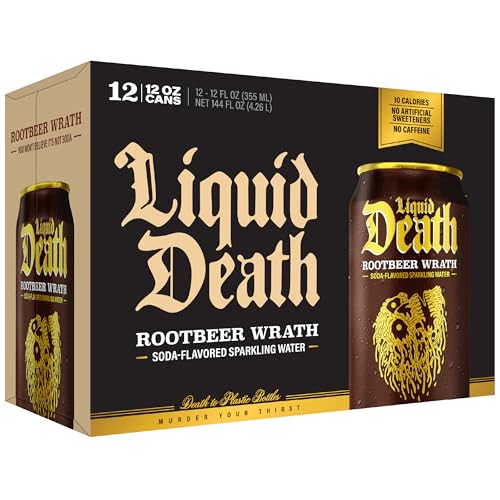 Image of Liquid Death Soda-Flavored Sparkling Water - Rootbeer Wrath, Less Sugar*, Huge Flavor, No Caffeine, No Artificial Sweeteners, 12 Fl Oz (Pack of 12)