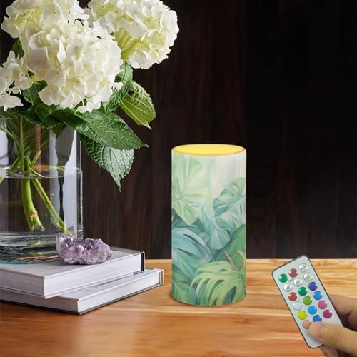 Image of LED Flickering Candles Battery Operated Candles with Remote Control Timer Flickering Wick Pillar Candles Home Bedroom Bathroom Outdoor Indoor Decoration, Green Monstera Leaf