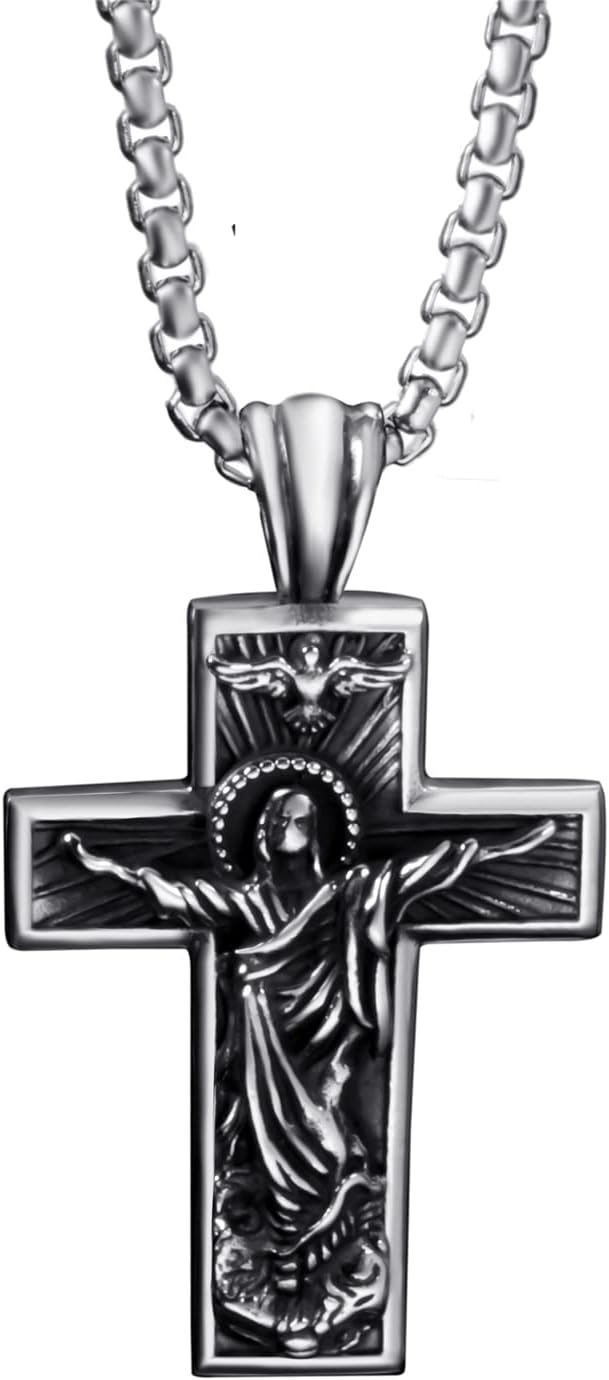 ‘ELFASIO Men Crucifix Cross Pendant Stainless Steel jesus necklace Baptism Christian Jewelry, Length 18” 20” 24”’