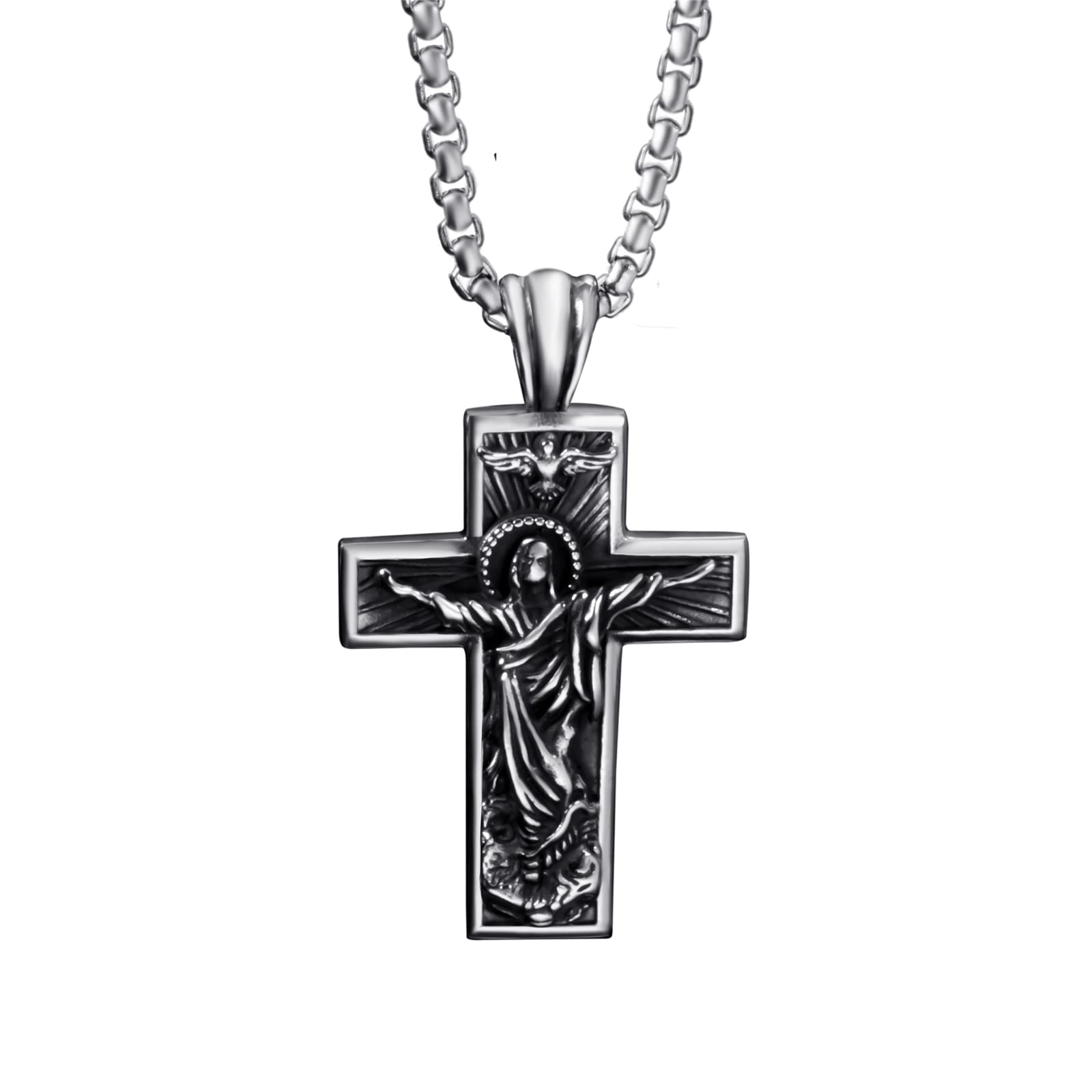 ElfasioMen Crucifix Cross Pendant Stainless Steel Jesus Necklace Baptism Christian Jewelry, Length 18" 20" 24", Metal, No Gemstone