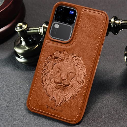 Image of Vaku Luxos️ Lion Embossed Back Cover Case for Vivo V30 5G Premium Leather Stitched Soft Shockproof Protective TPU Phone Case Camera Screen Protector- Brown