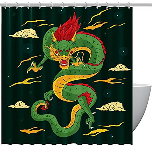 Rideau de douche dragon chinois vert imperméable avec 12 crochets