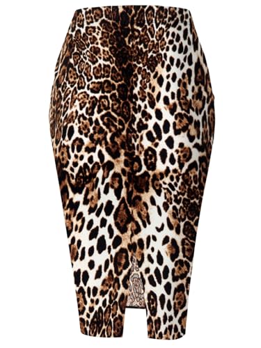 SSOULM Women's Work Office Stretchy Fitted Midi Pencil Skirt with Animal Choco Slit and Plus SizeANIMAL Choco XL3