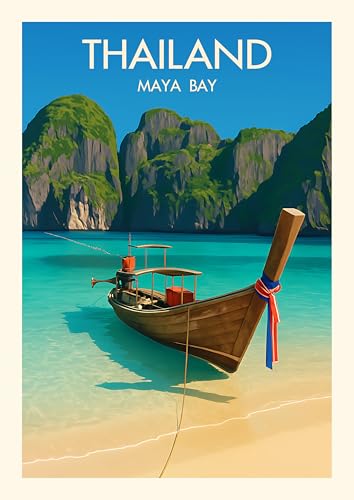Poster de plage Thailand Maya Bay Travel Art Print Vintage Style avec bateau à longue queue traditionnel Format A4