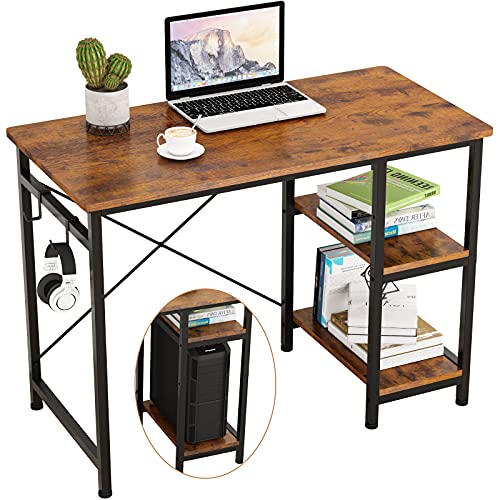 Engriy Writing Computer Desk 39", Home Office Study Desk With 2 Hooks And Storage Shelves On Left Or Right Side, Industrial Simple Workstation Wood Table Metal Frame For Pc Laptop, Rustic Brown #TOP11
